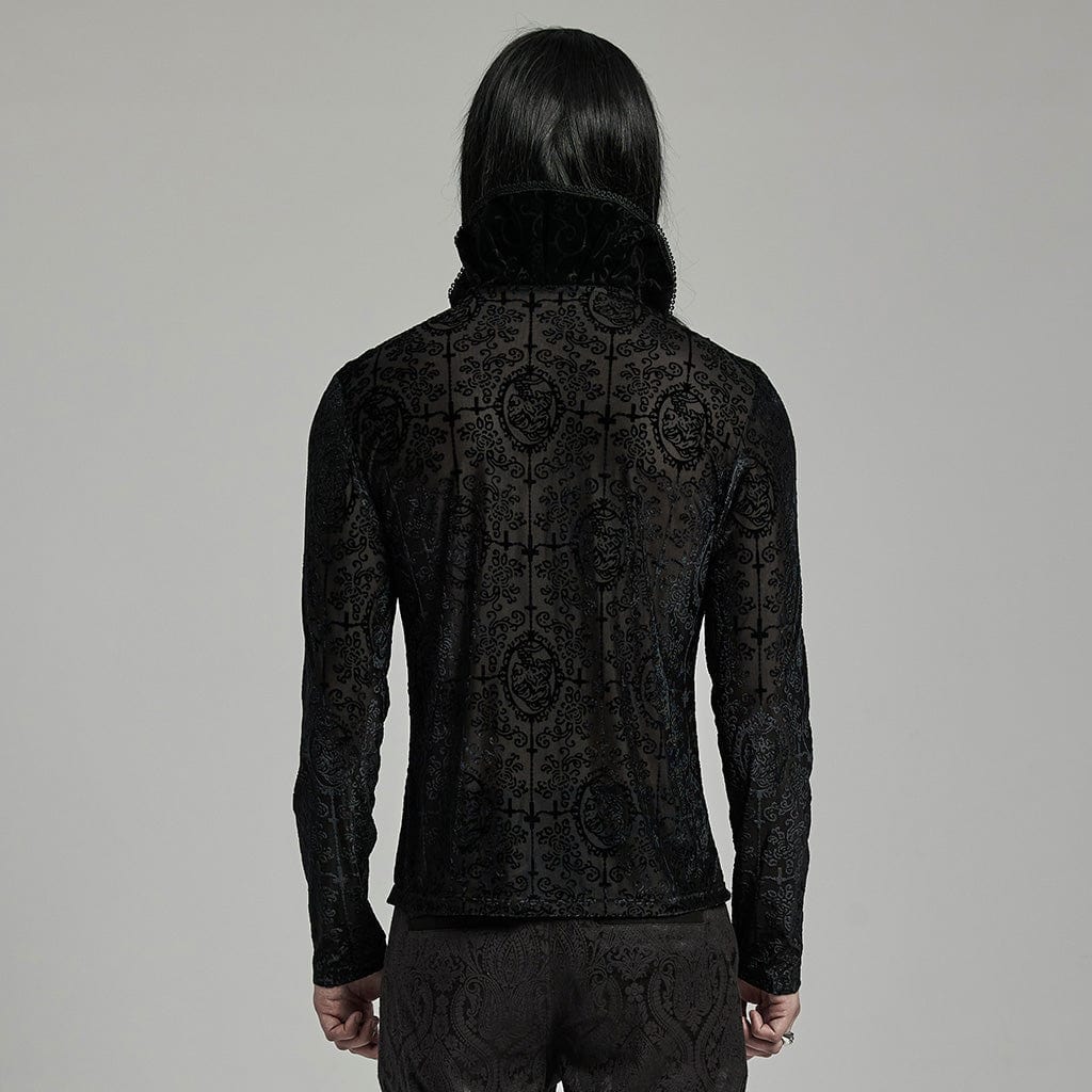 Men's Gothic Stand Collar Ruffled Flocking Shirt - Image 3