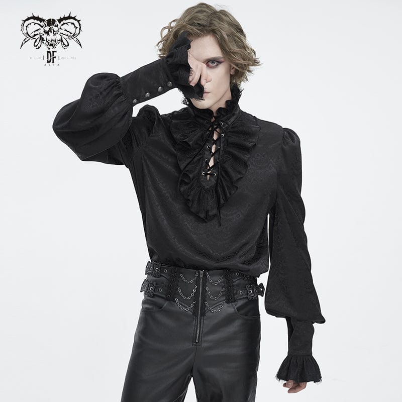 Men's Gothic Stand Collar Ruffled Jacquard Shirt - Image 2