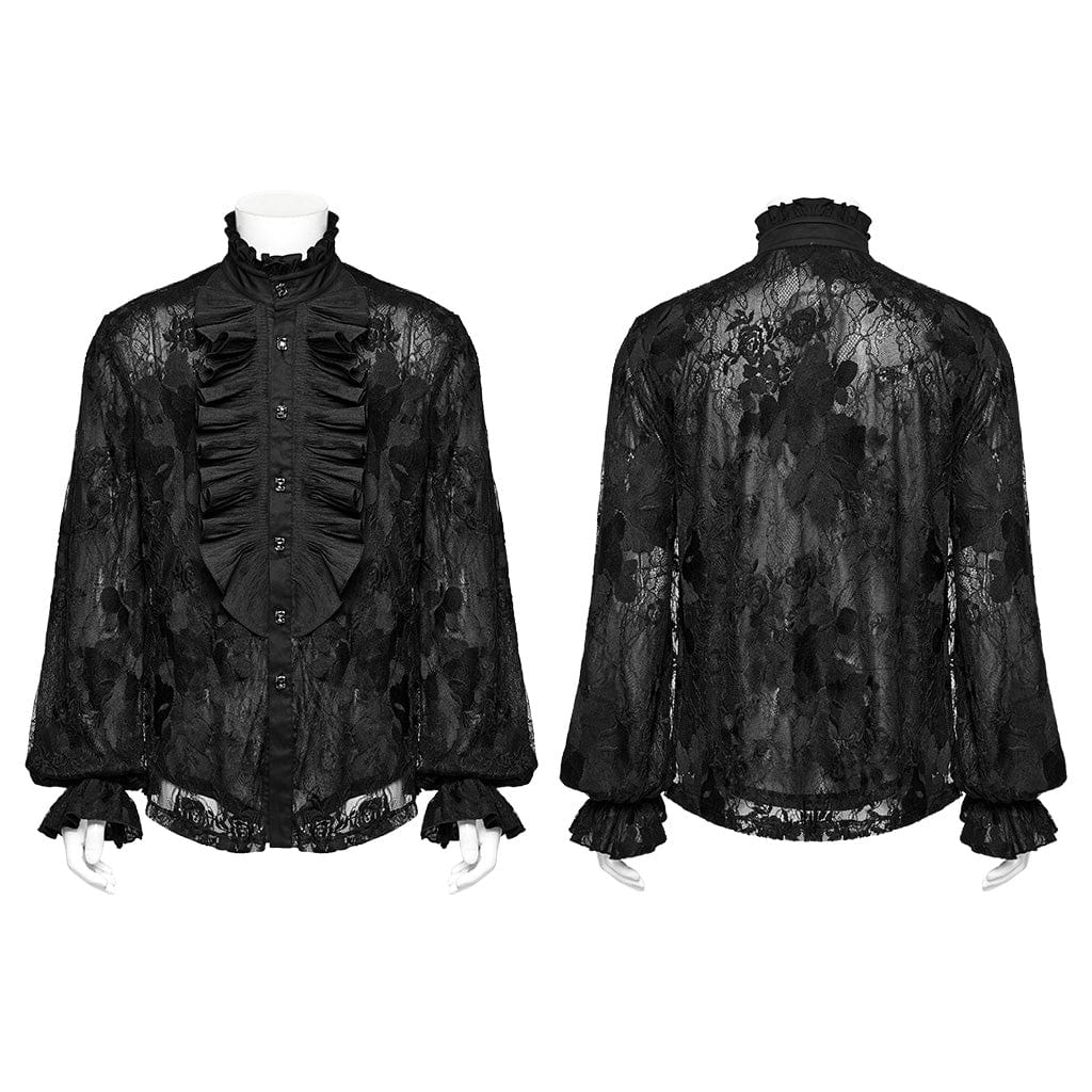 Men's Gothic Stand Collar Ruffled Lace Shirt - Image 5