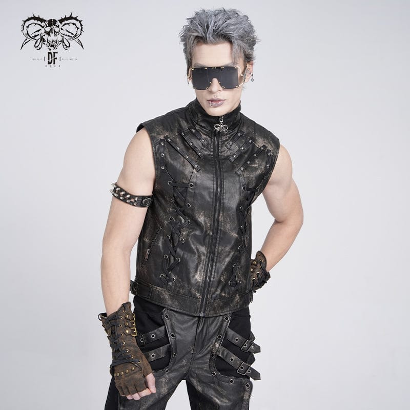 Men's Gothic Stand Collar Strappy Splice Waistcoat - Image 3