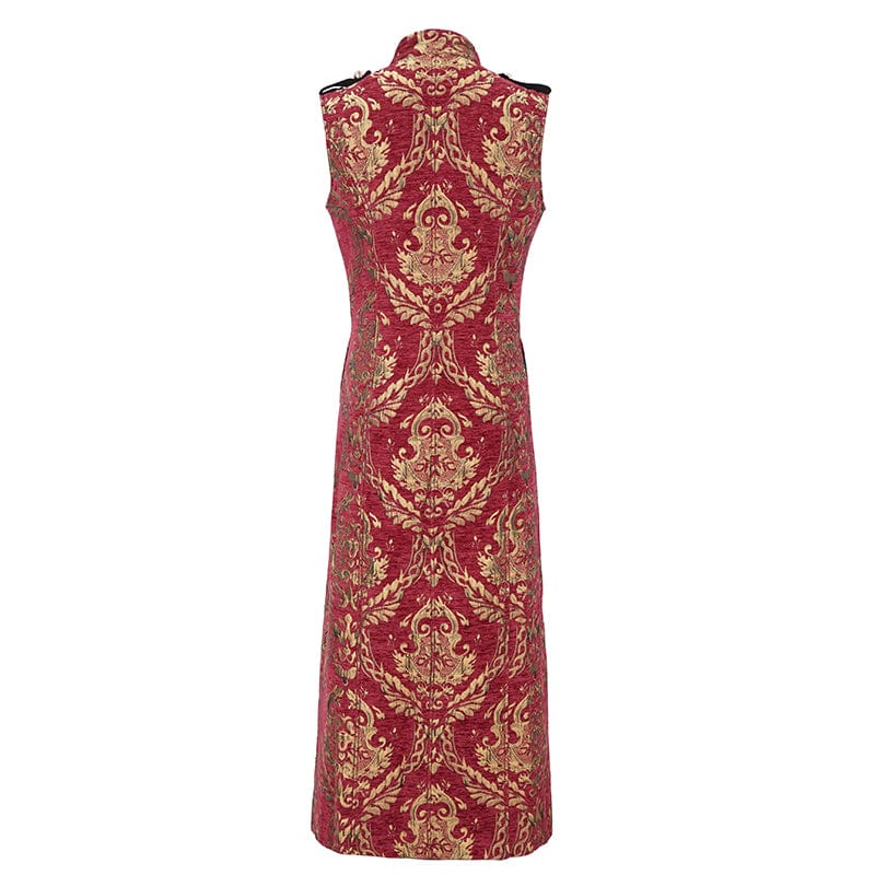 Men's Gothic Stand Collar Totem Embroidered Waistcoat Red - Image 3