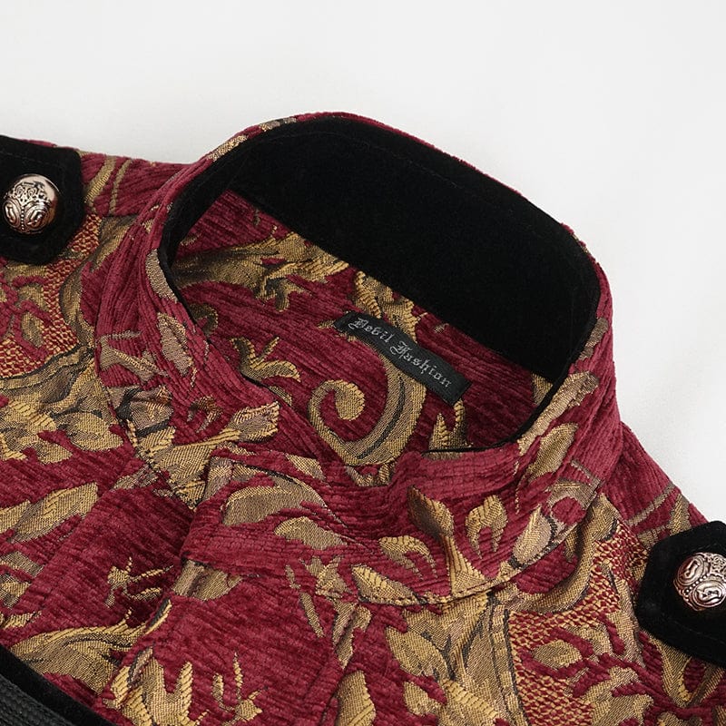 Men's Gothic Stand Collar Totem Embroidered Waistcoat Red - Image 6