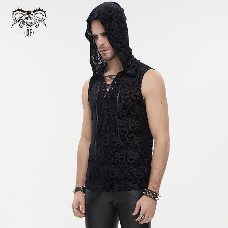 Men's Gothic Strappy Floral Printed Tank Top with Hood - Image 3