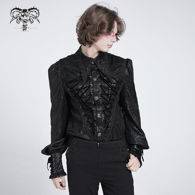 Men's Gothic Strappy Puff Sleeved Lace Hem Shirt - Image 2