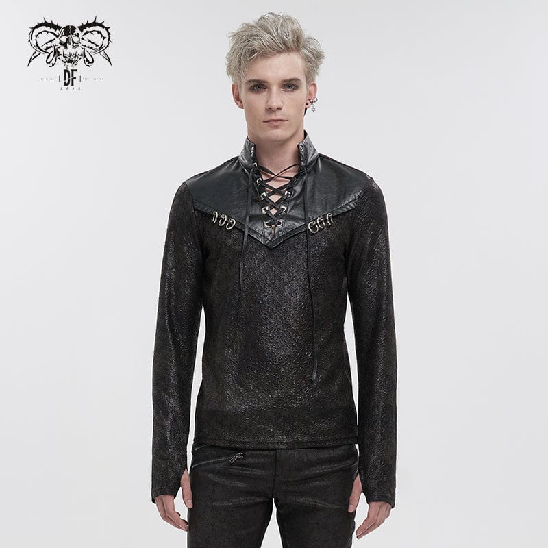 Men's Gothic Strappy Stand Collar Faux Leather Splice Shirt