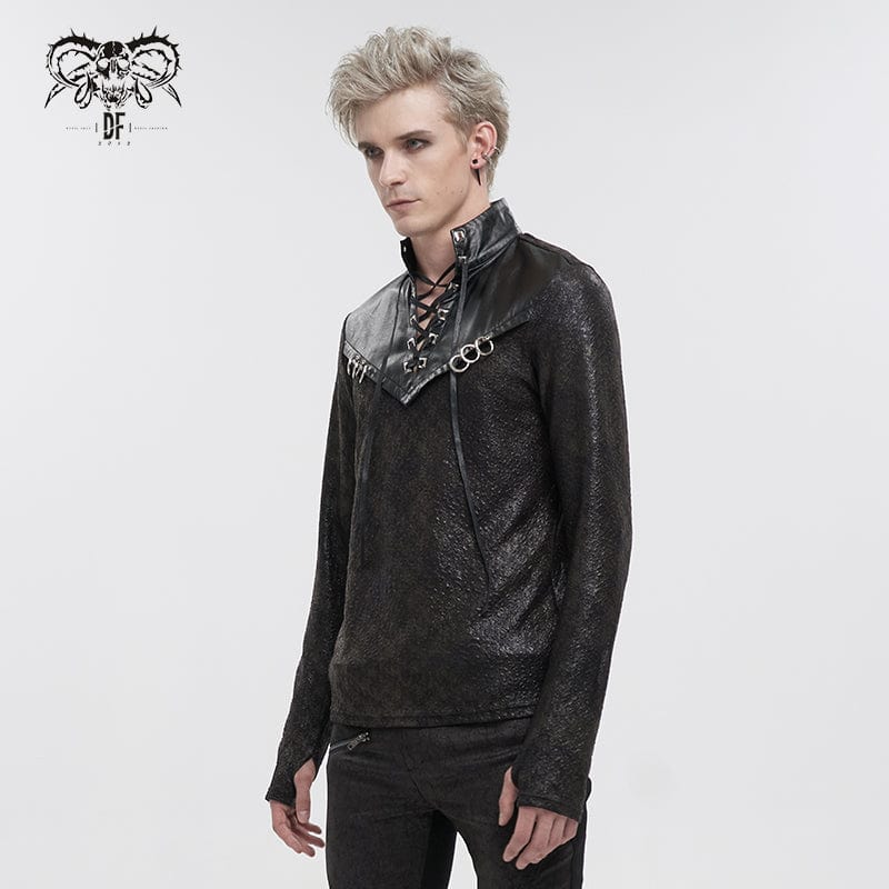 Men's Gothic Strappy Stand Collar Faux Leather Splice Shirt - Image 2