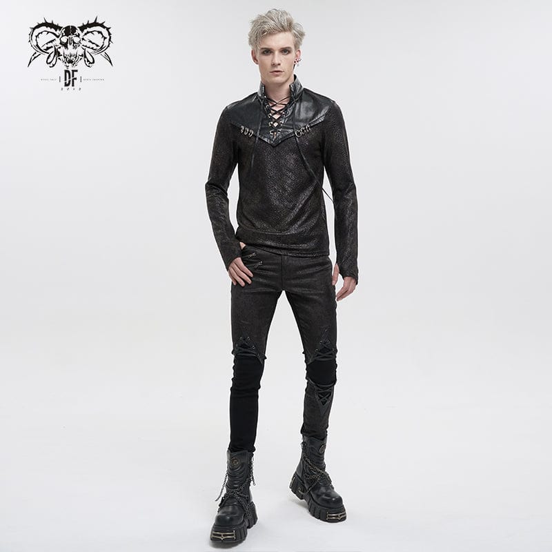Men's Gothic Strappy Stand Collar Faux Leather Splice Shirt - Image 4
