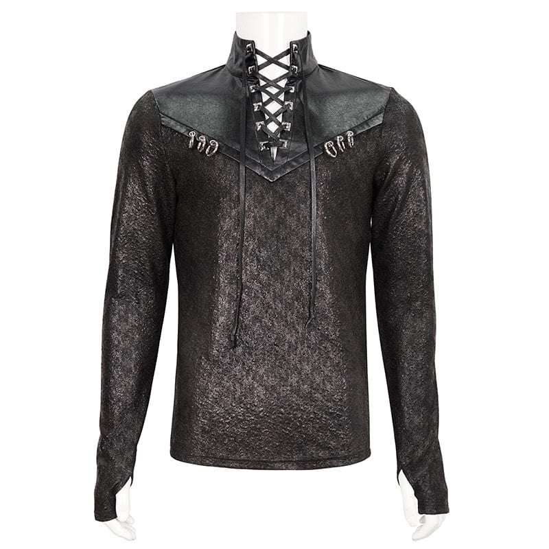 Men's Gothic Strappy Stand Collar Faux Leather Splice Shirt - Image 5