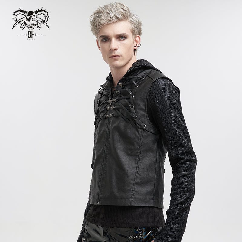 Men's Gothic Strappy Stand Collar Faux Leather Waistcoat - Image 2