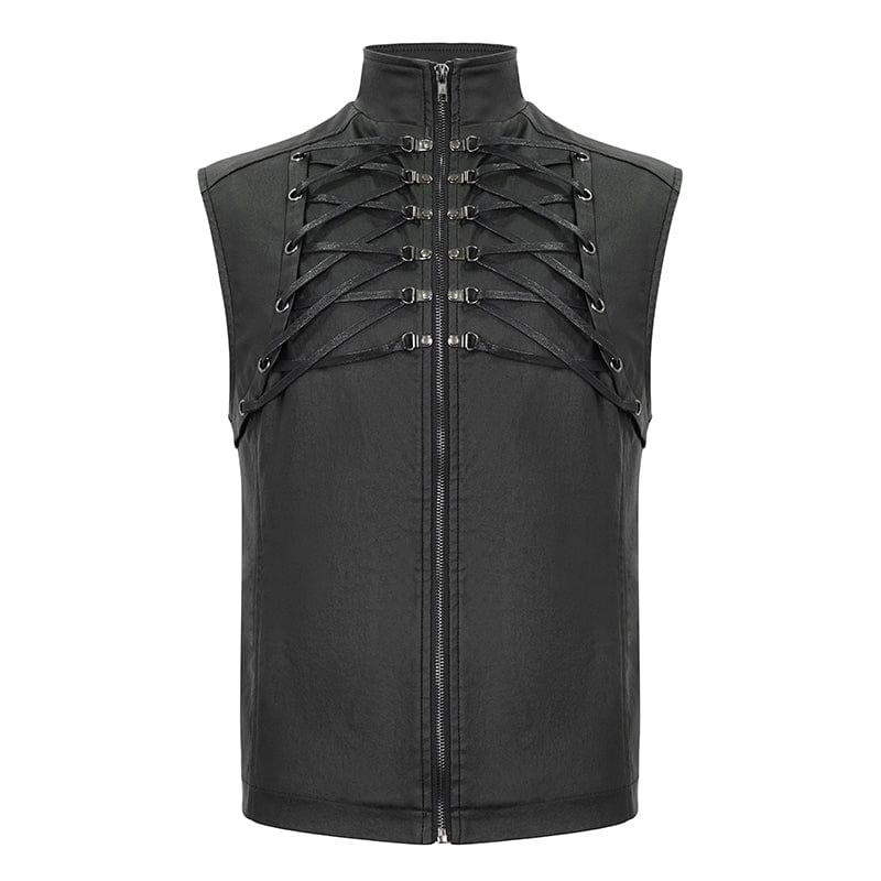 Men's Gothic Strappy Stand Collar Faux Leather Waistcoat - Image 6