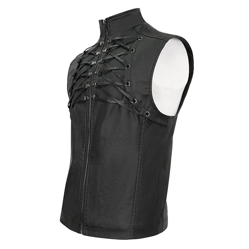 Men's Gothic Strappy Stand Collar Faux Leather Waistcoat - Image 7