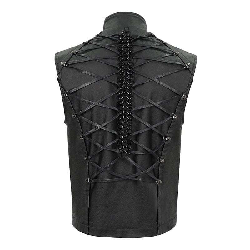 Men's Gothic Strappy Stand Collar Faux Leather Waistcoat - Image 8
