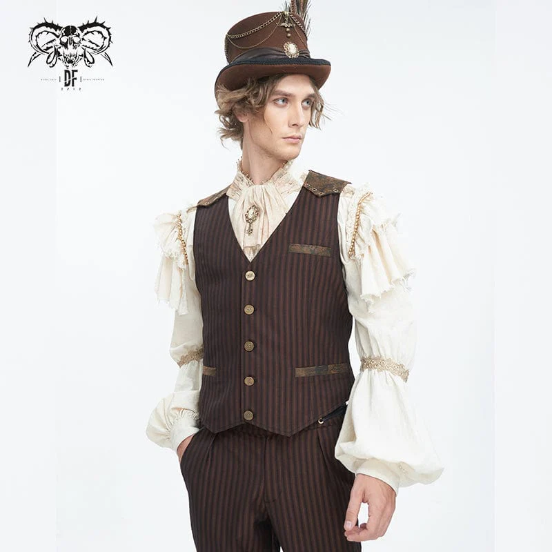 Men's Gothic Striped Faux Leather Splice Coffee Vest - Image 3