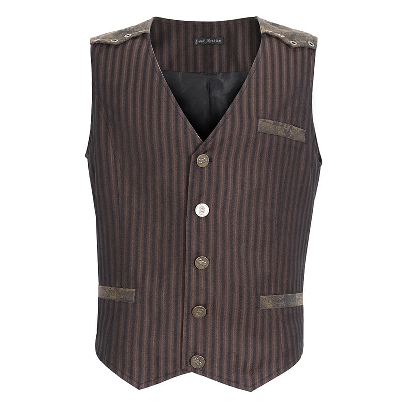 Men's Gothic Striped Faux Leather Splice Coffee Vest - Image 7