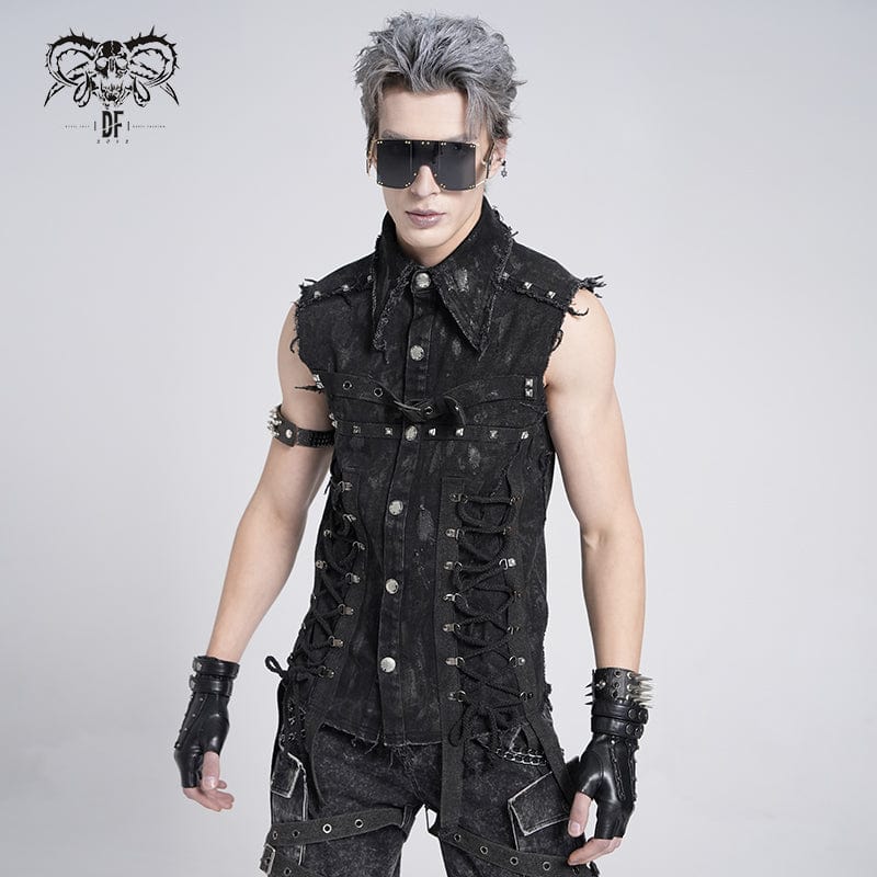 Men's Gothic Studded Lace-up Distressed Vest - Image 2