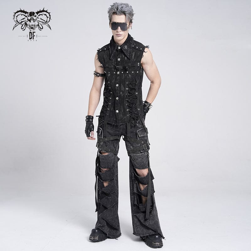 Men's Gothic Studded Lace-up Distressed Vest - Image 6