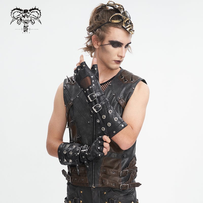 Men's Gothic Studded Mesh Splice Half-finger Gloves - Image 3