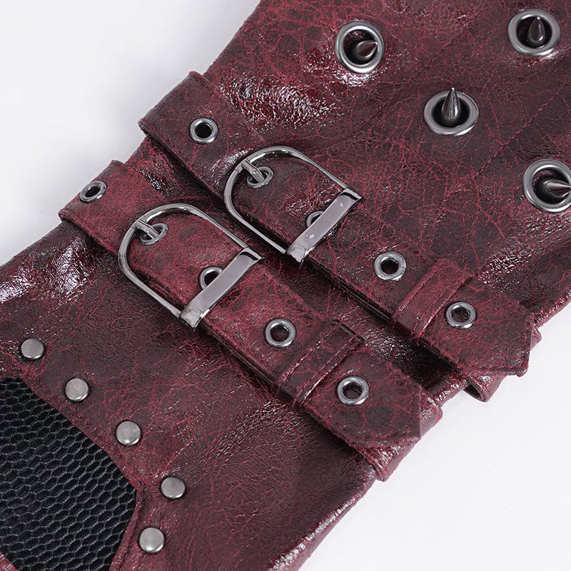 Men's Gothic Studded Mesh Splice Red Half-finger Gloves - Image 11