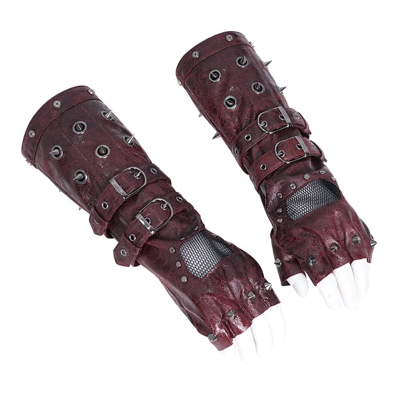 Men's Gothic Studded Mesh Splice Red Half-finger Gloves - Image 5