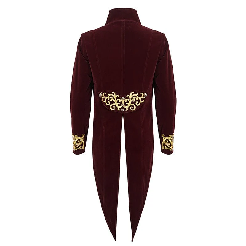 Men's Gothic Totem Embroidered Swallow-tailed Coat Red - Image 8