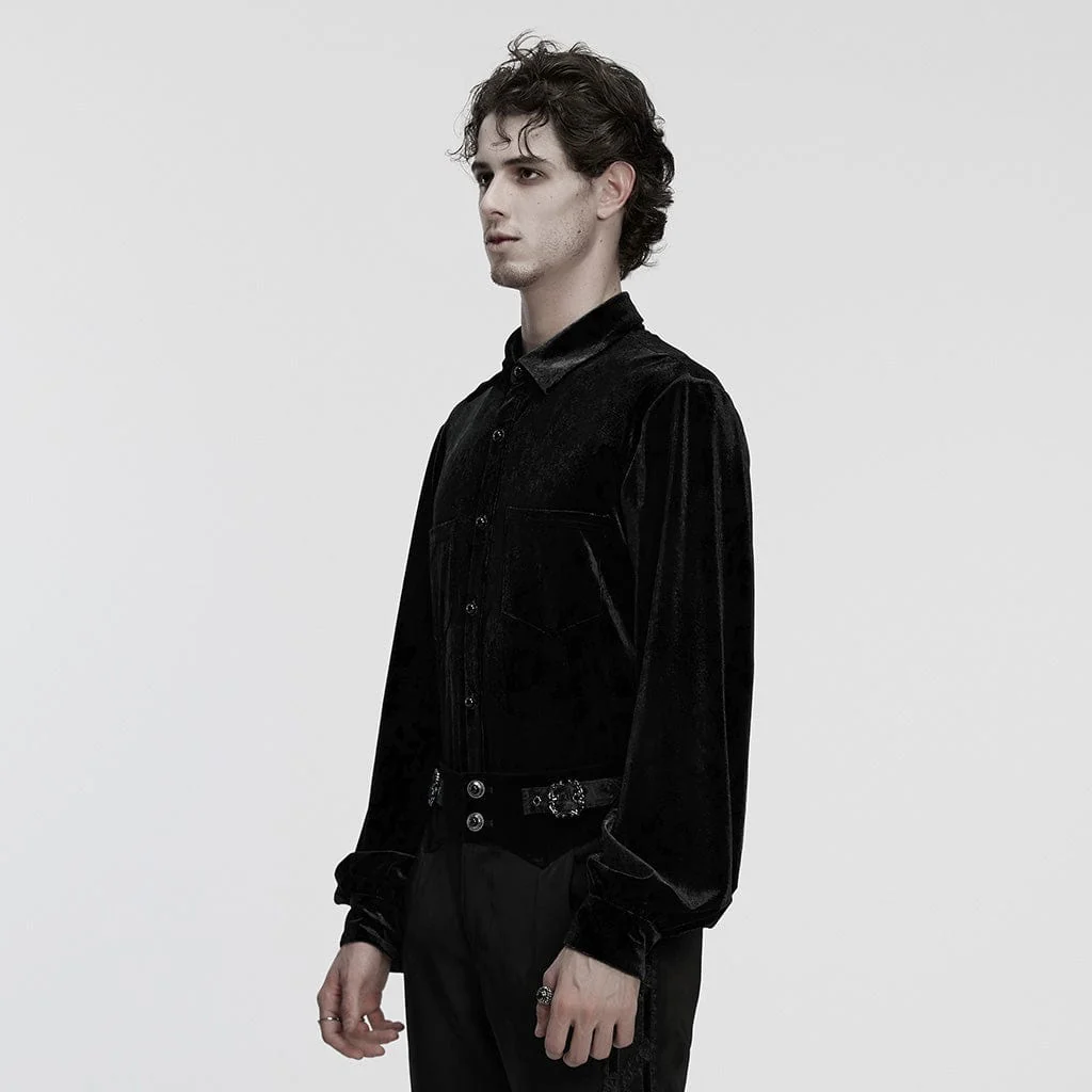 Men's Gothic Turn-down Collar Puff Sleeved Velvet Shirt Black - Image 2