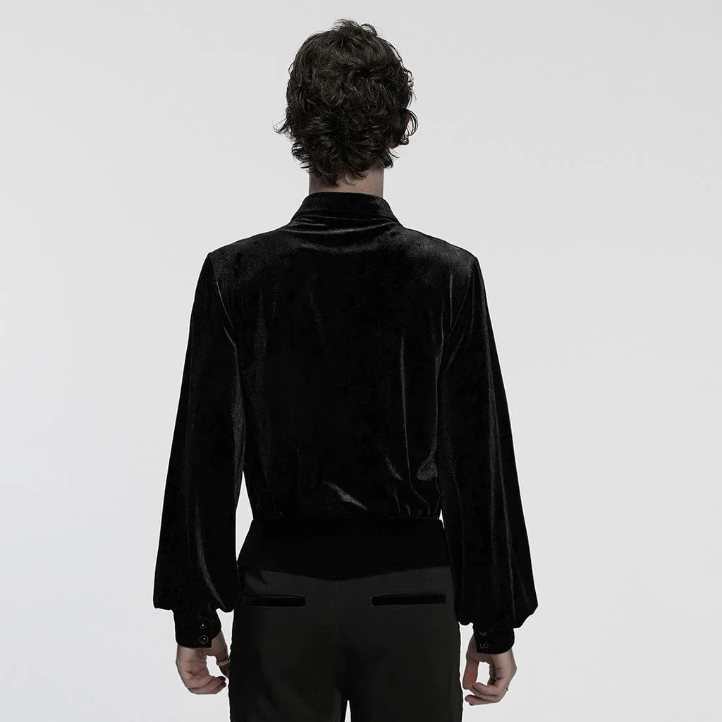 Men's Gothic Turn-down Collar Puff Sleeved Velvet Shirt Black - Image 3