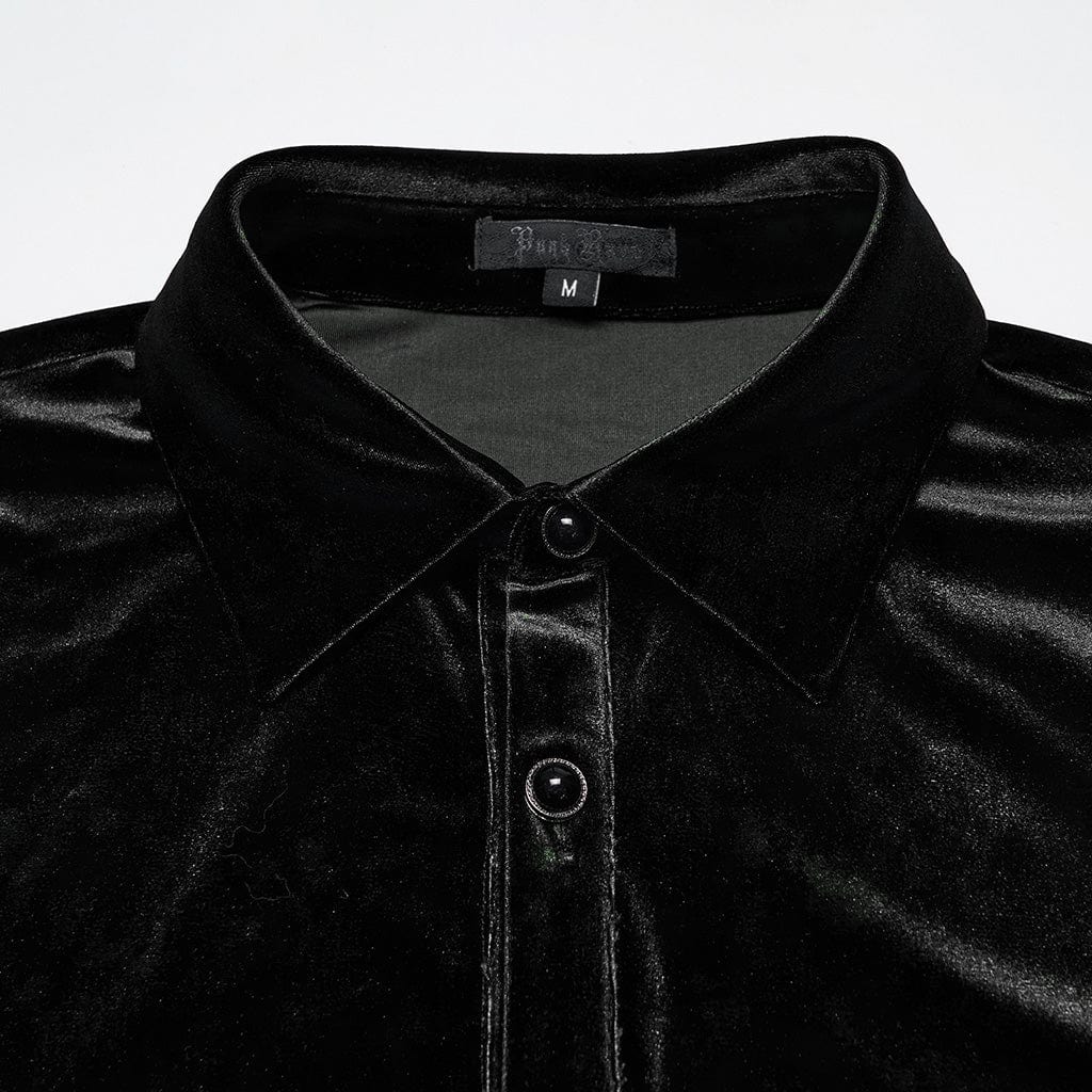 Men's Gothic Turn-down Collar Puff Sleeved Velvet Shirt Black - Image 6