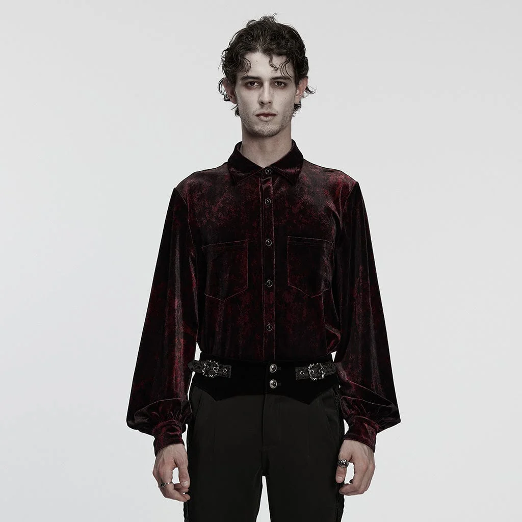Men's Gothic Turn-down Collar Puff Sleeved Velvet Shirt Black-Red