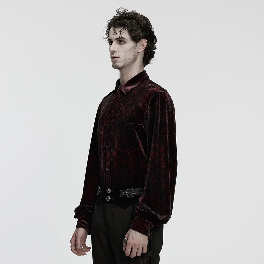 Men's Gothic Turn-down Collar Puff Sleeved Velvet Shirt Black-Red - Image 2