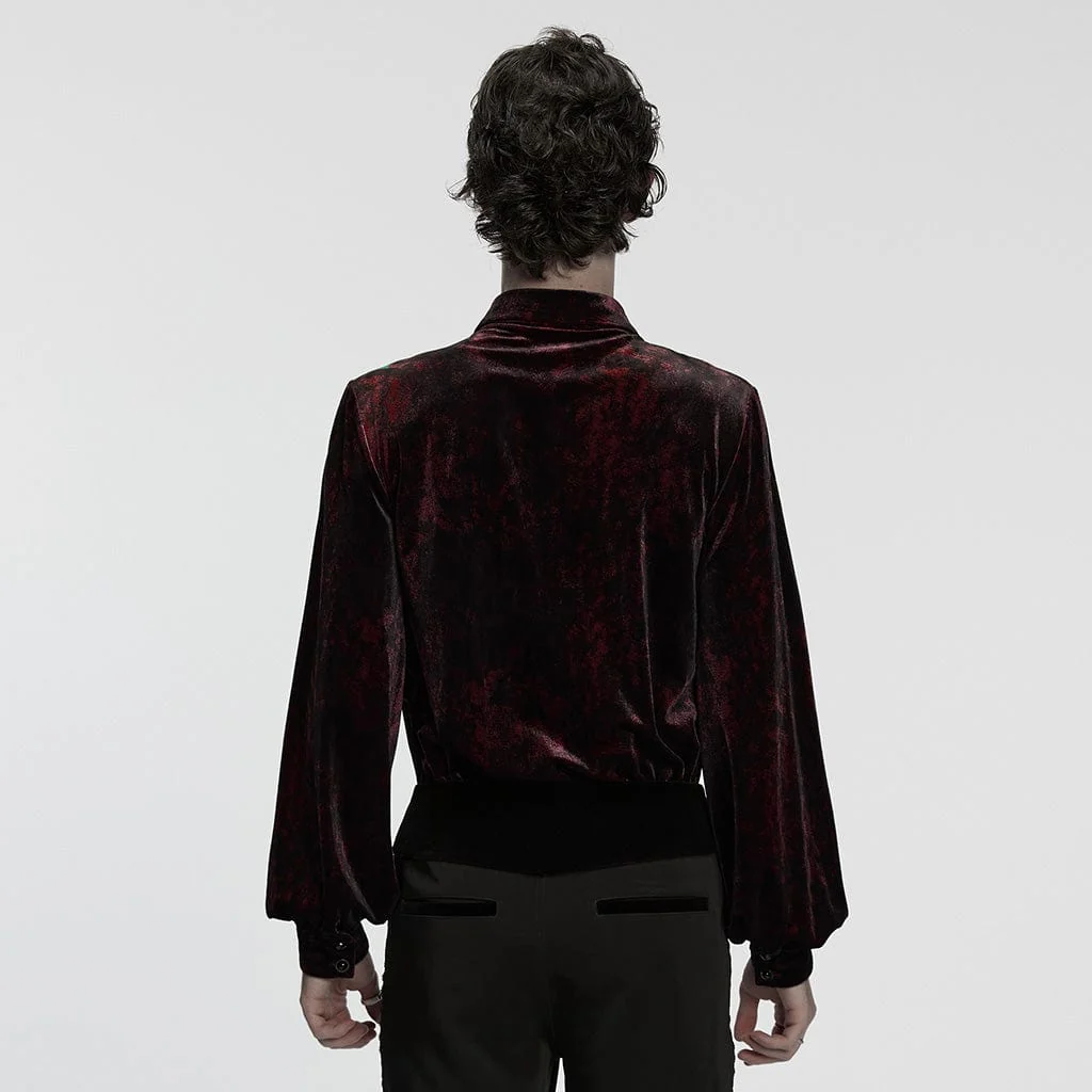 Men's Gothic Turn-down Collar Puff Sleeved Velvet Shirt Black-Red - Image 3