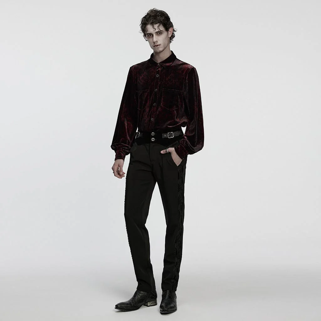 Men's Gothic Turn-down Collar Puff Sleeved Velvet Shirt Black-Red - Image 4