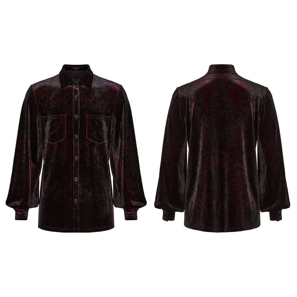 Men's Gothic Turn-down Collar Puff Sleeved Velvet Shirt Black-Red - Image 5