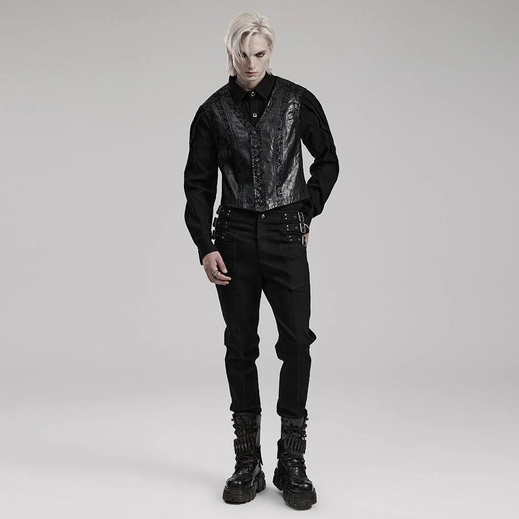 Men's Gothic V-neck Floral Printed Faux Leather Vest - Image 4