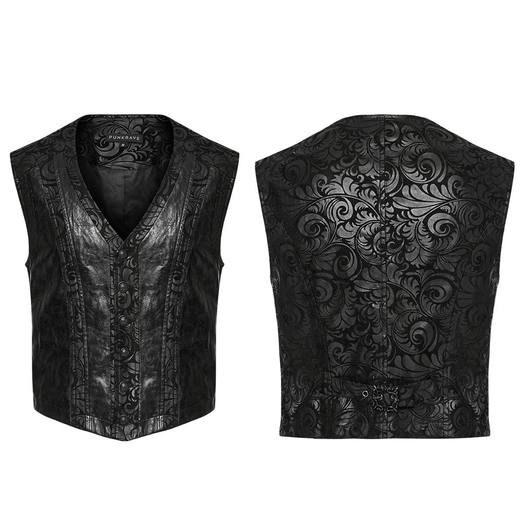 Men's Gothic V-neck Floral Printed Faux Leather Vest - Image 5