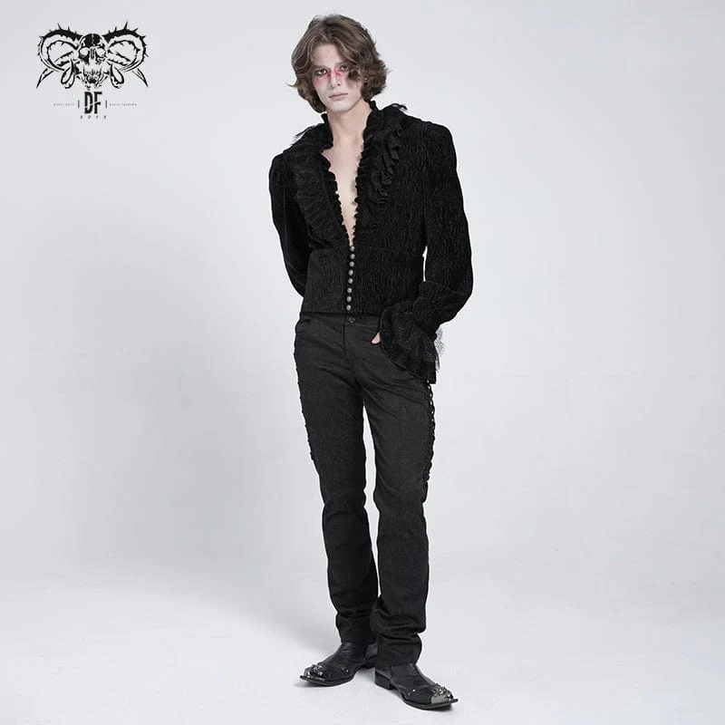 Men's Gothic V-neck Ruffled Lace Splice Shirt Black - Image 6