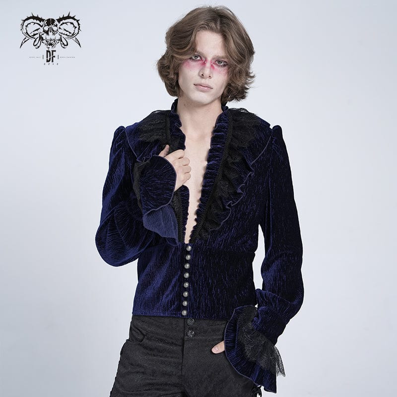 Men's Gothic V-neck Ruffled Lace Splice Shirt Blue - Image 2