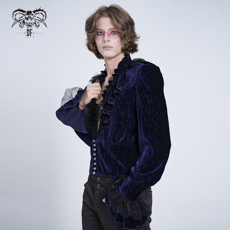 Men's Gothic V-neck Ruffled Lace Splice Shirt Blue - Image 3