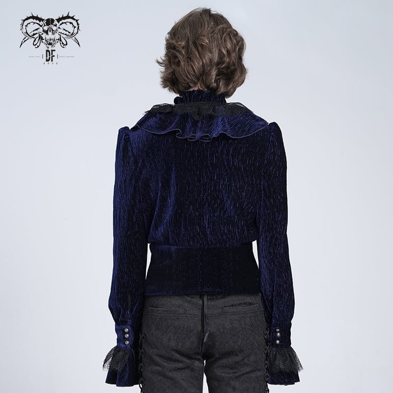 Men's Gothic V-neck Ruffled Lace Splice Shirt Blue - Image 5