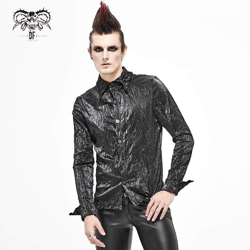 Men's Gothic Vintage Drape Faux Leather Black Shirt - Image 2