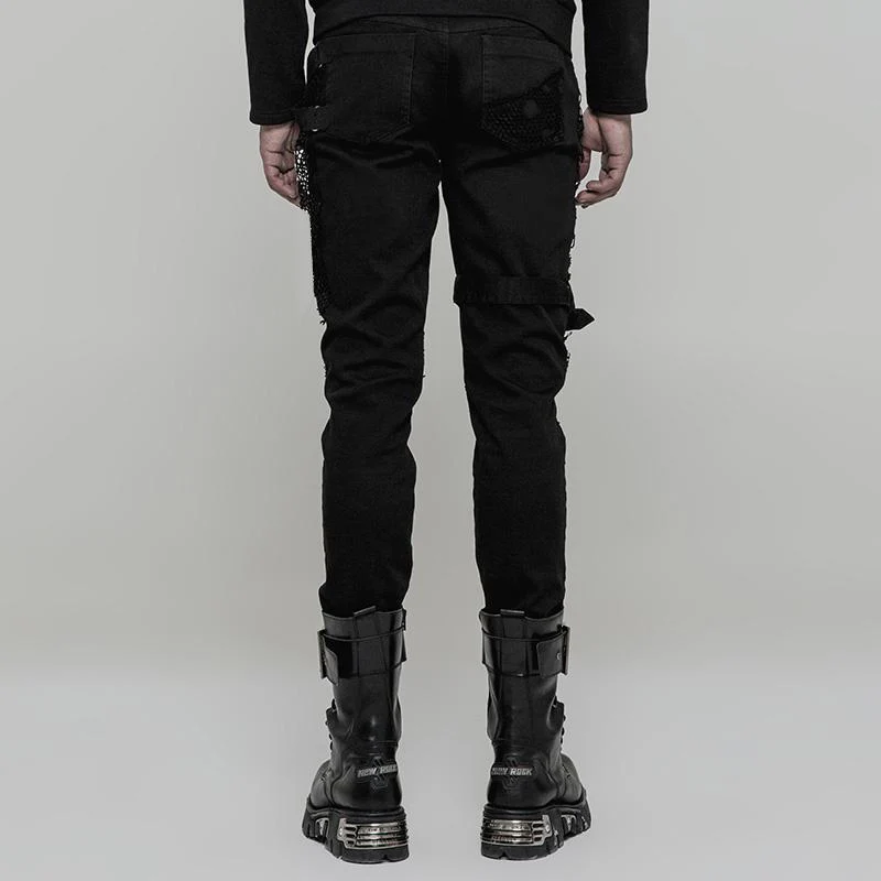 Men's Personality Distressed Mesh-paneled Skinny Trousers - Image 3