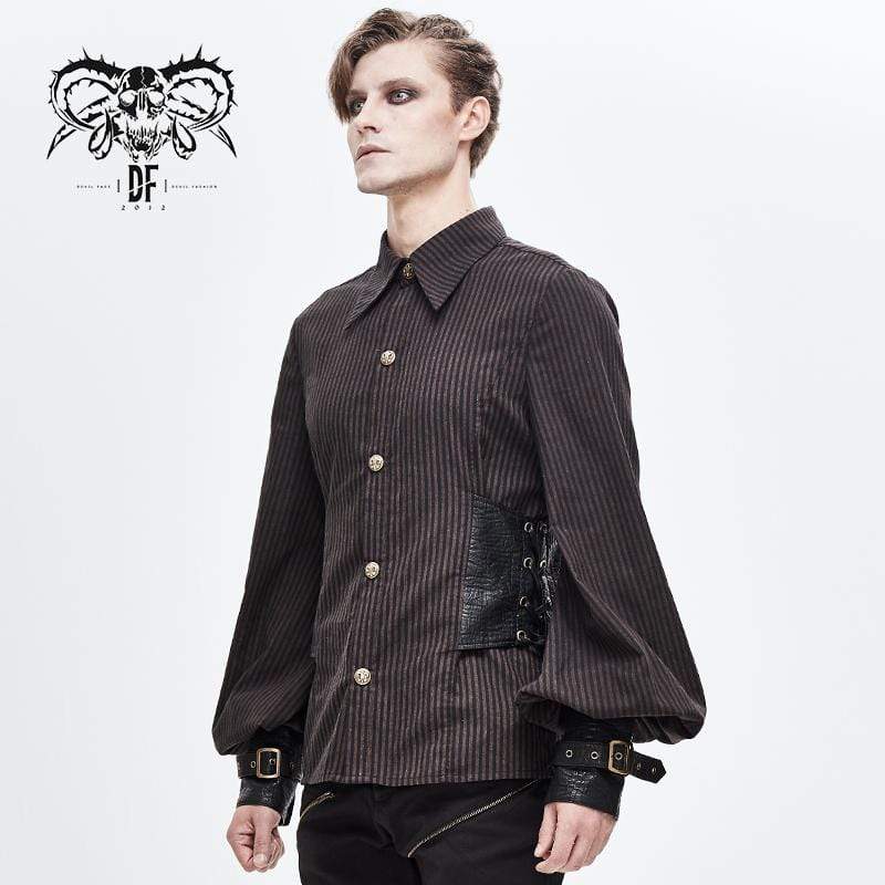 Men's Puff Sleeved Stripes Faux Leather Spliced Shirts - Image 2
