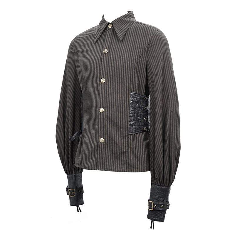 Men's Puff Sleeved Stripes Faux Leather Spliced Shirts - Image 5