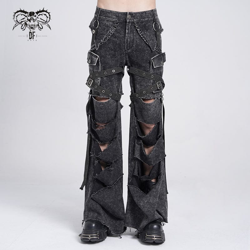 Men's Punk Big-pocket Distressed Pants with Chain