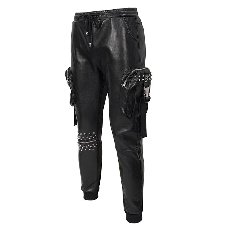 Men's Punk Big-pocket Rivets Faux Leather Pants - Image 8