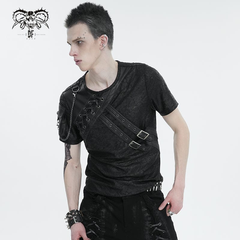 Men's Punk Buckle Splice Faux Leather T-shirt - Image 2
