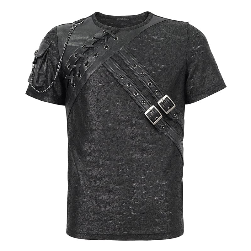 Men's Punk Buckle Splice Faux Leather T-shirt - Image 6