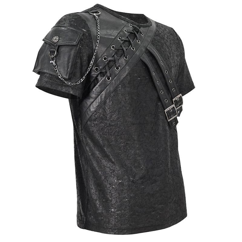 Men's Punk Buckle Splice Faux Leather T-shirt - Image 8