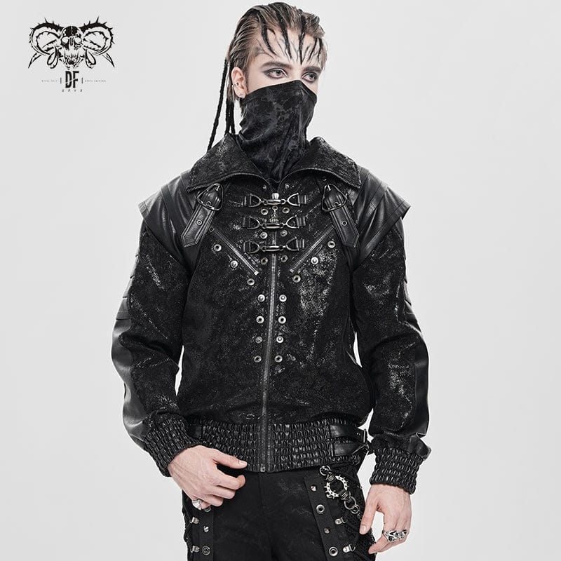 Men's Punk Buckle Strap Faux Leather Splice Coat
