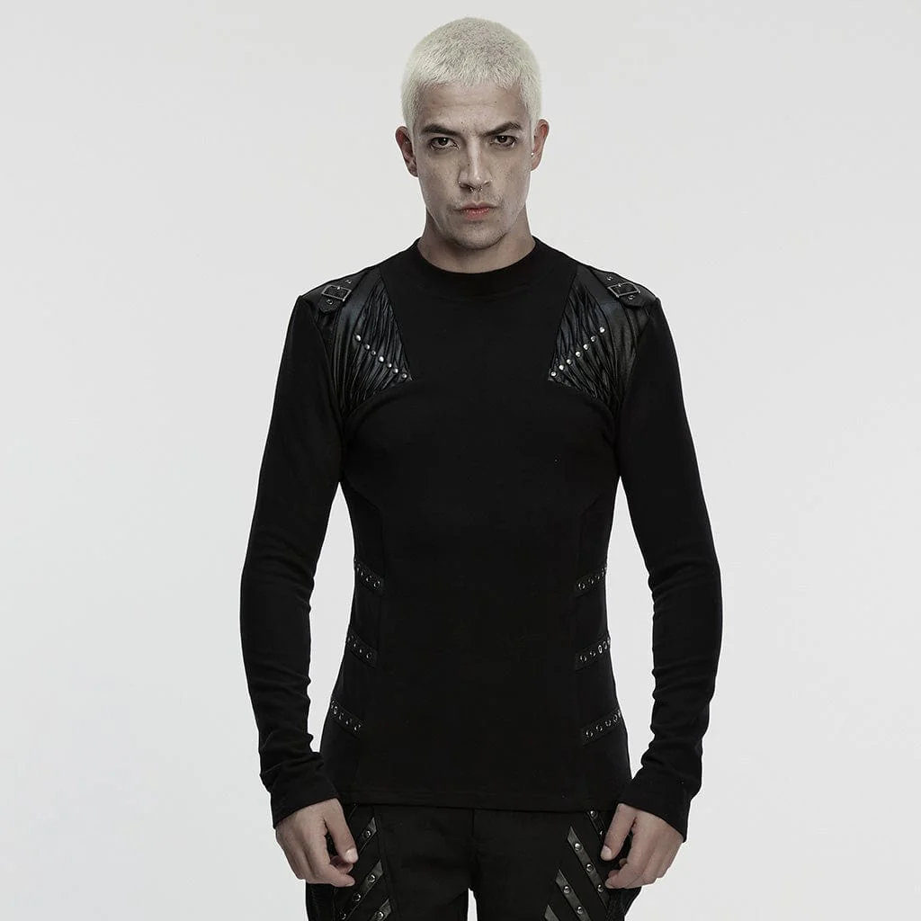 Men's Punk Buckle Strap Pleated Eyelet Top