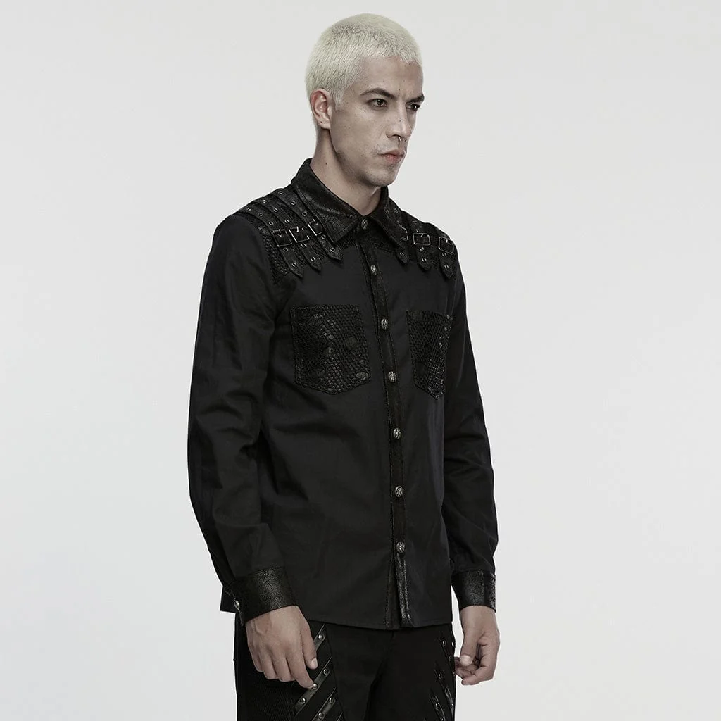 Men's Punk Buckle Strap Splice Turn-down Collar Shirt - Image 2